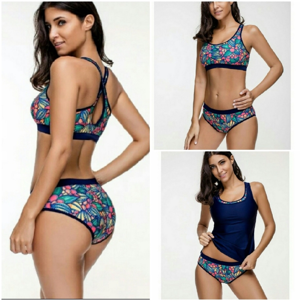 3-PC Floral Print Tankini Bathing Suit Set Plus Size 12-14 Swimwear